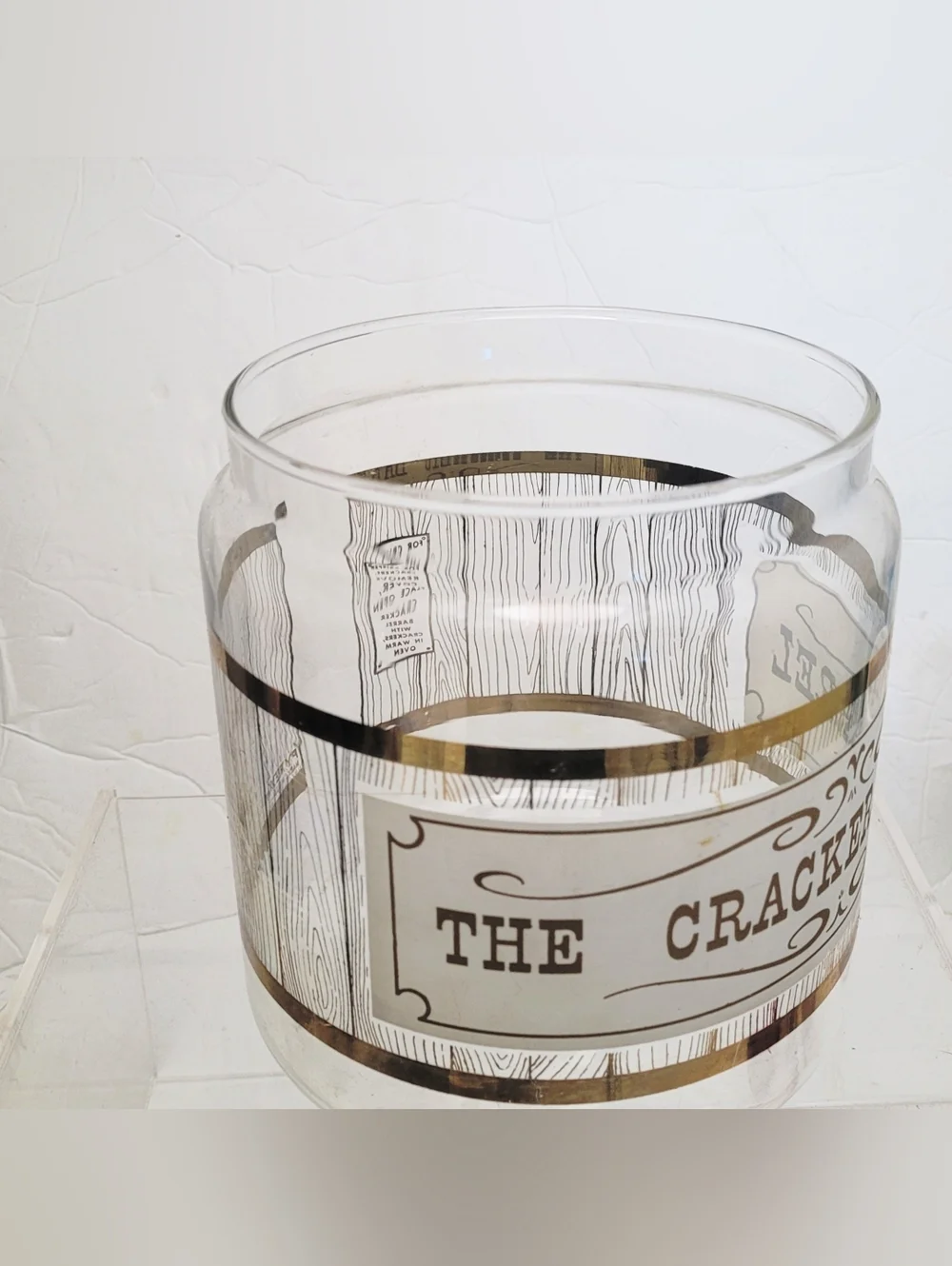 1960s Pyrex 'The Cracker Barrel' Glass Canister w/ Gold Trim Cookie Cracker Jar
